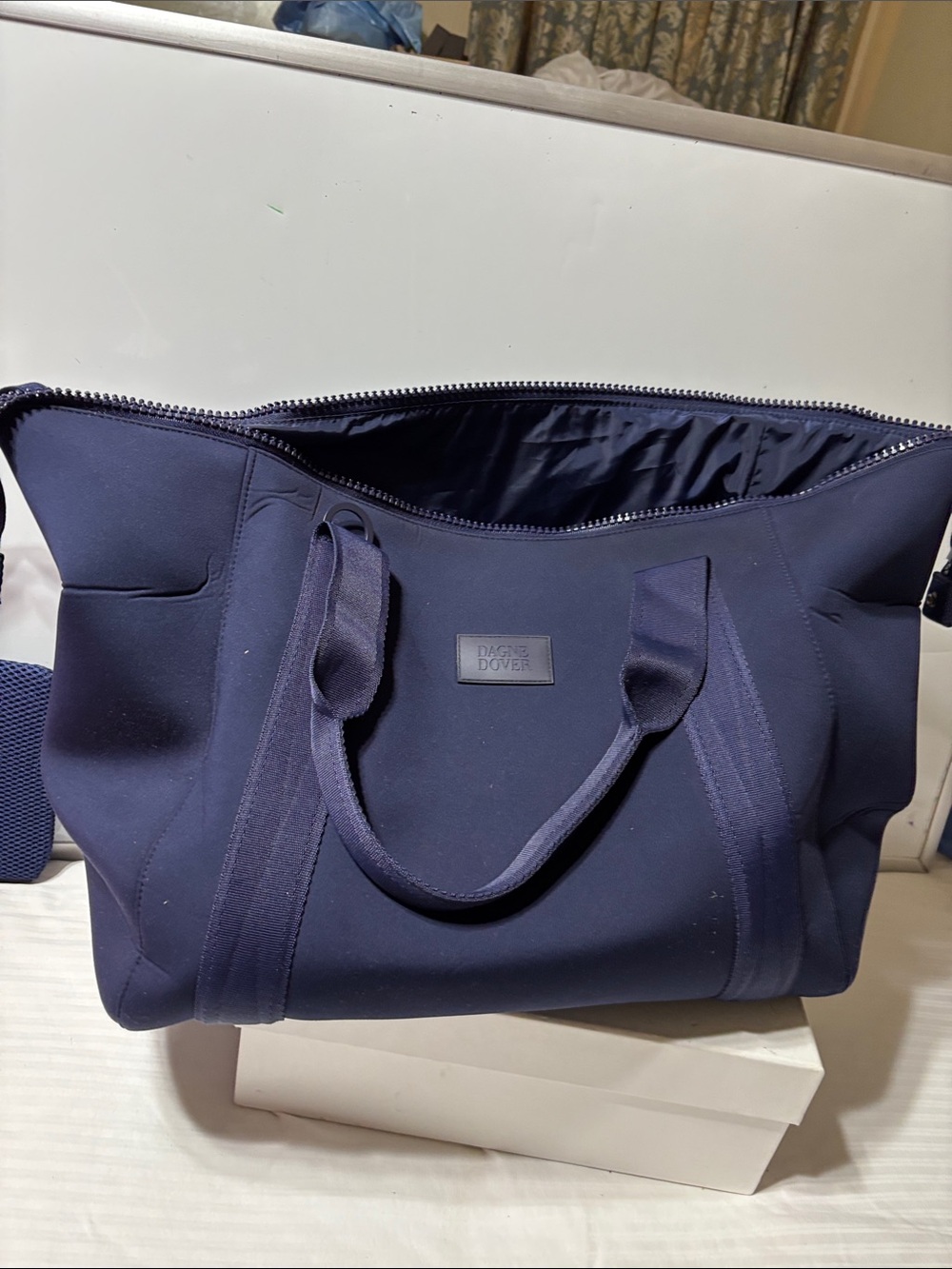 Dagne Dover Navy London carryall large Travel Tote with Embossed Logo. Neoprene
